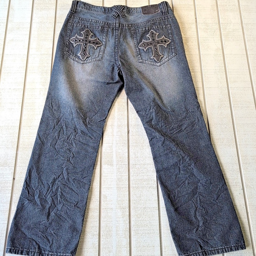 VTG Extreme Couture Mens Jeans 34x30 Blue Denim Studded Cross Designer‎ - Pants - Picture 8 of 11
